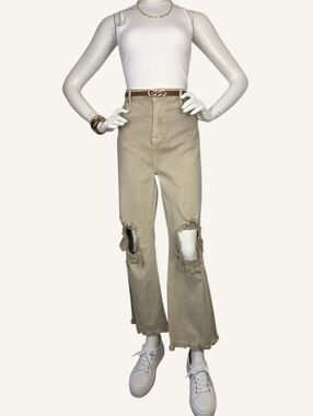 Risen NWT Taupe Distressed Crop Jeans High Rise Raw Hem 0/24